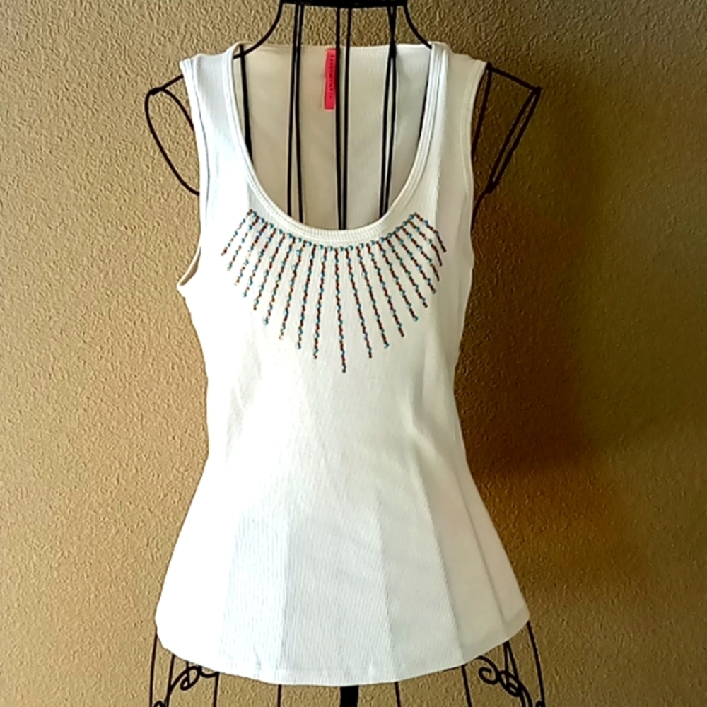 Eight Sixty brand tank tee with embellished chest area with turquoise and beads